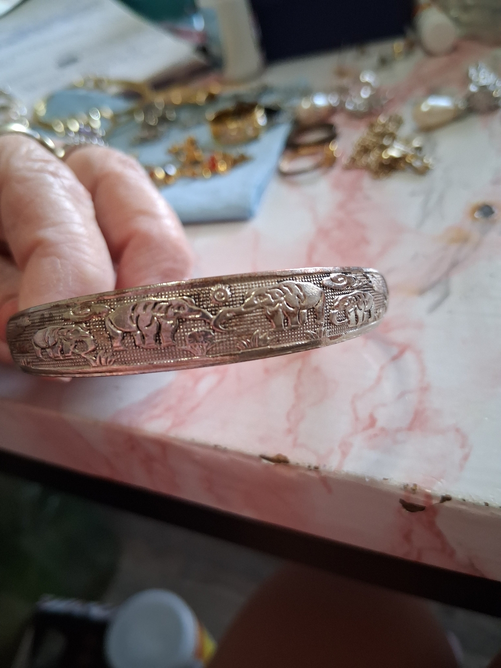 Intricate Elephant Motif Silver-925 Bangle Bracelet - Women Jewelry